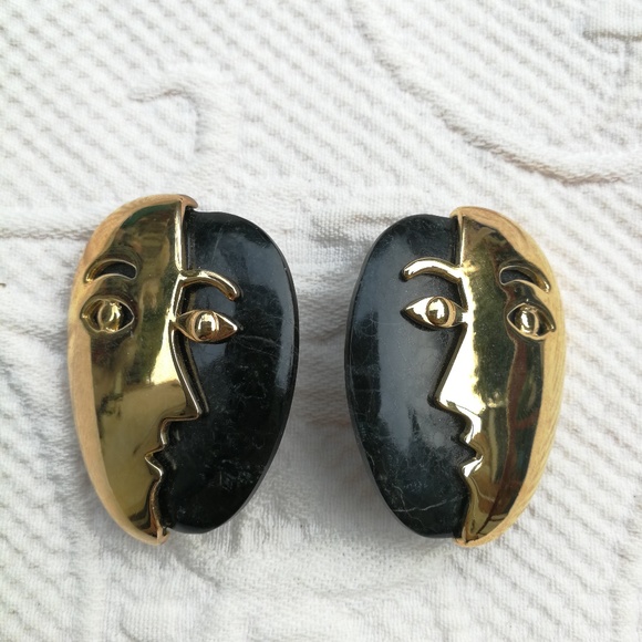 Vintage Jewelry - Vintage Earrings Clips Black / Green and Gold Face